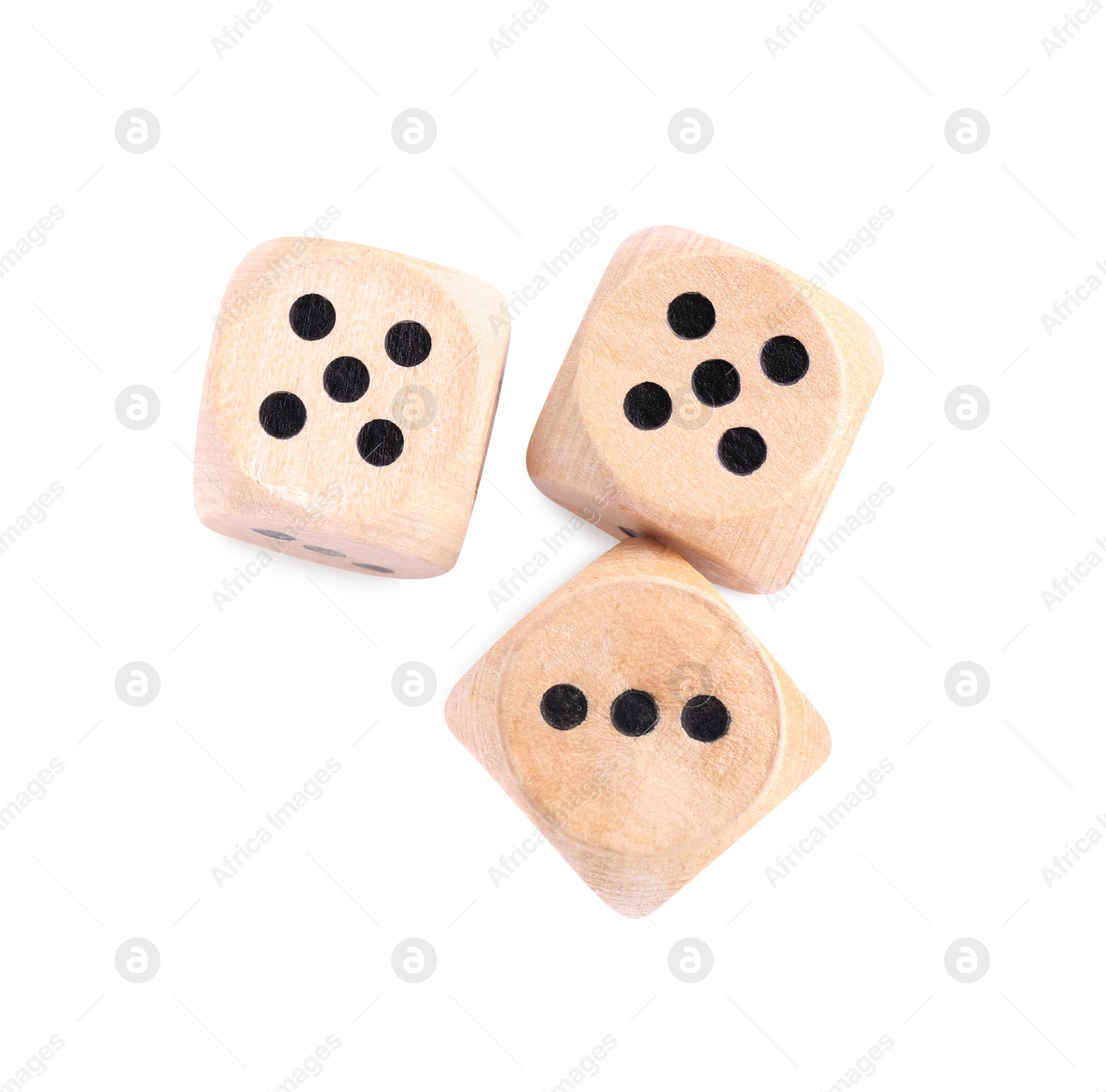 Photo of Three wooden game dices isolated on white, top view