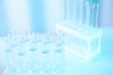 Photo of Test tubes with samples in rack on table at chemistry laboratory, closeup