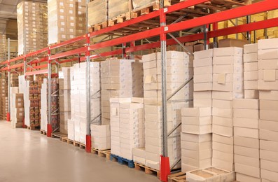 Warehouse with lots of boxes on racks. Wholesale business