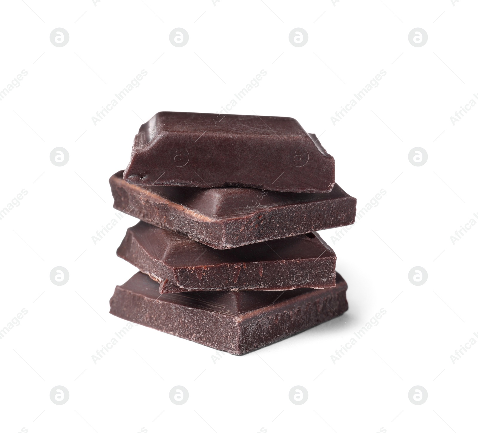 Photo of Pieces of delicious dark chocolate bar on white background