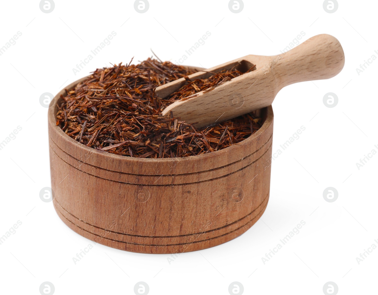 Photo of Rooibos tea in bowl and scoop isolated on white