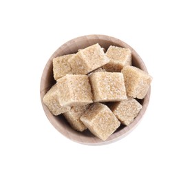 Photo of Brown sugar cubes in wooden bowl isolated on white, top view