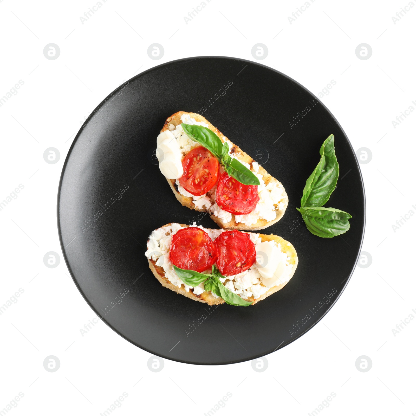 Photo of Tasty fresh tomato bruschettas on white background