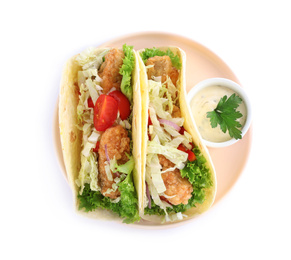 Photo of Yummy fish tacos with sauce isolated on white, top view