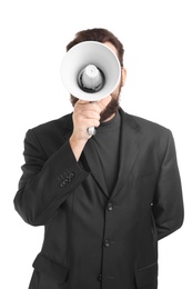 Businessman with megaphone on white background