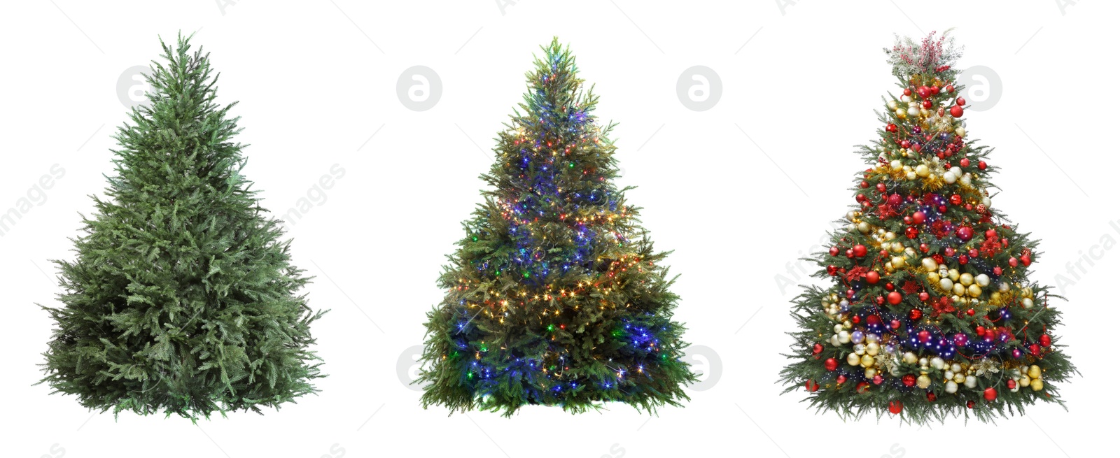 Image of Christmas tree isolated on white, step-by-step decorating