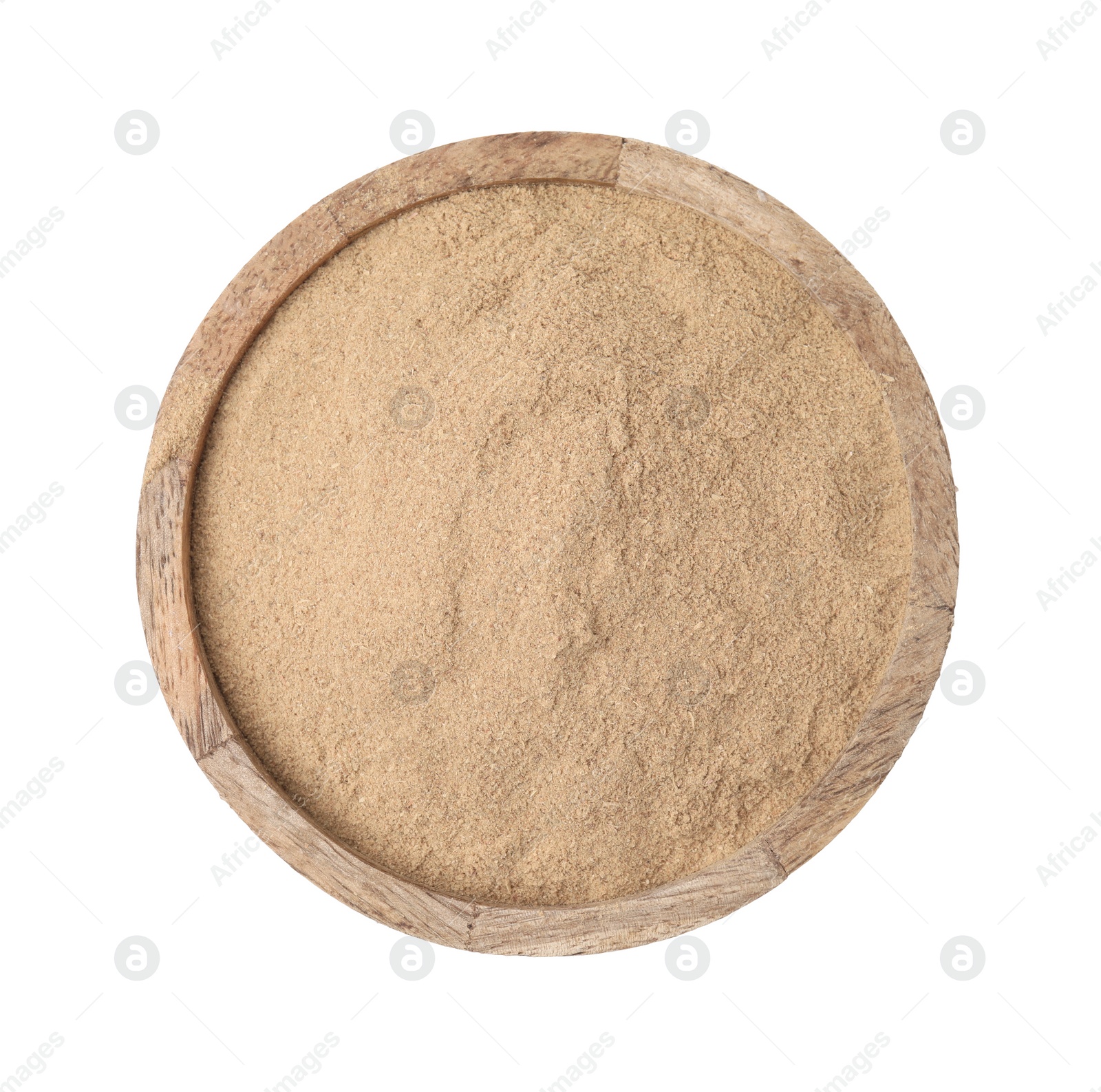 Photo of Dietary fiber. Psyllium husk powder in bowl isolated on white, top view