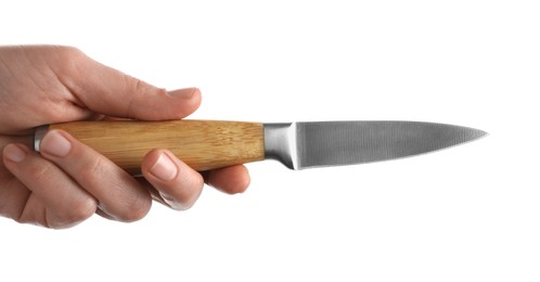 Photo of Woman holding knife on white background, closeup