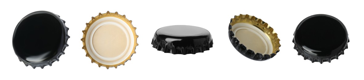 Image of Black beer bottle cap isolated on white, different sides