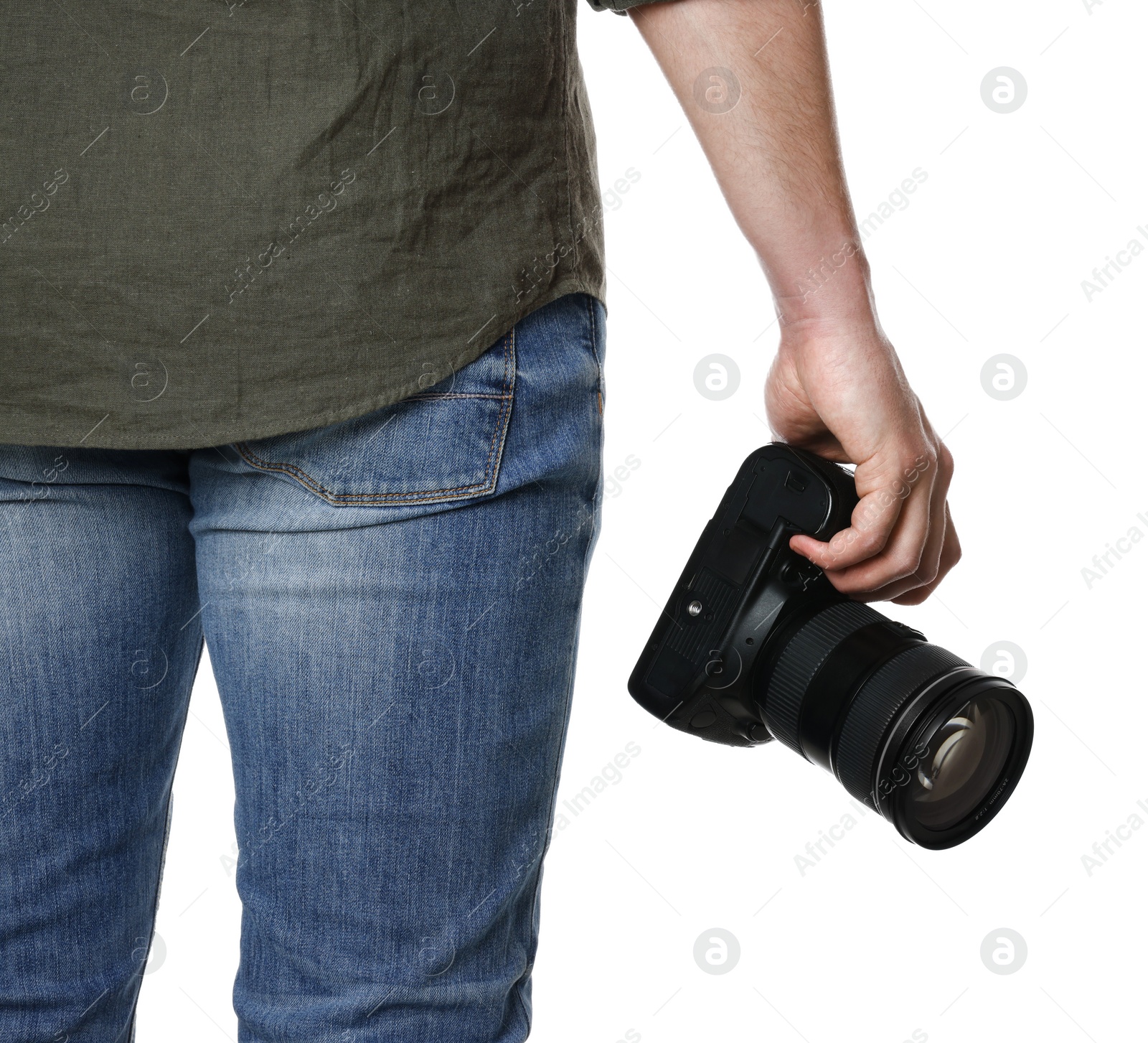 Photo of Photographer holding modern camera on white background, closeup