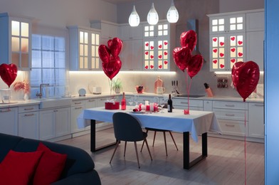 Romantic atmosphere. Cosy kitchen with set table decorated for Valentine day