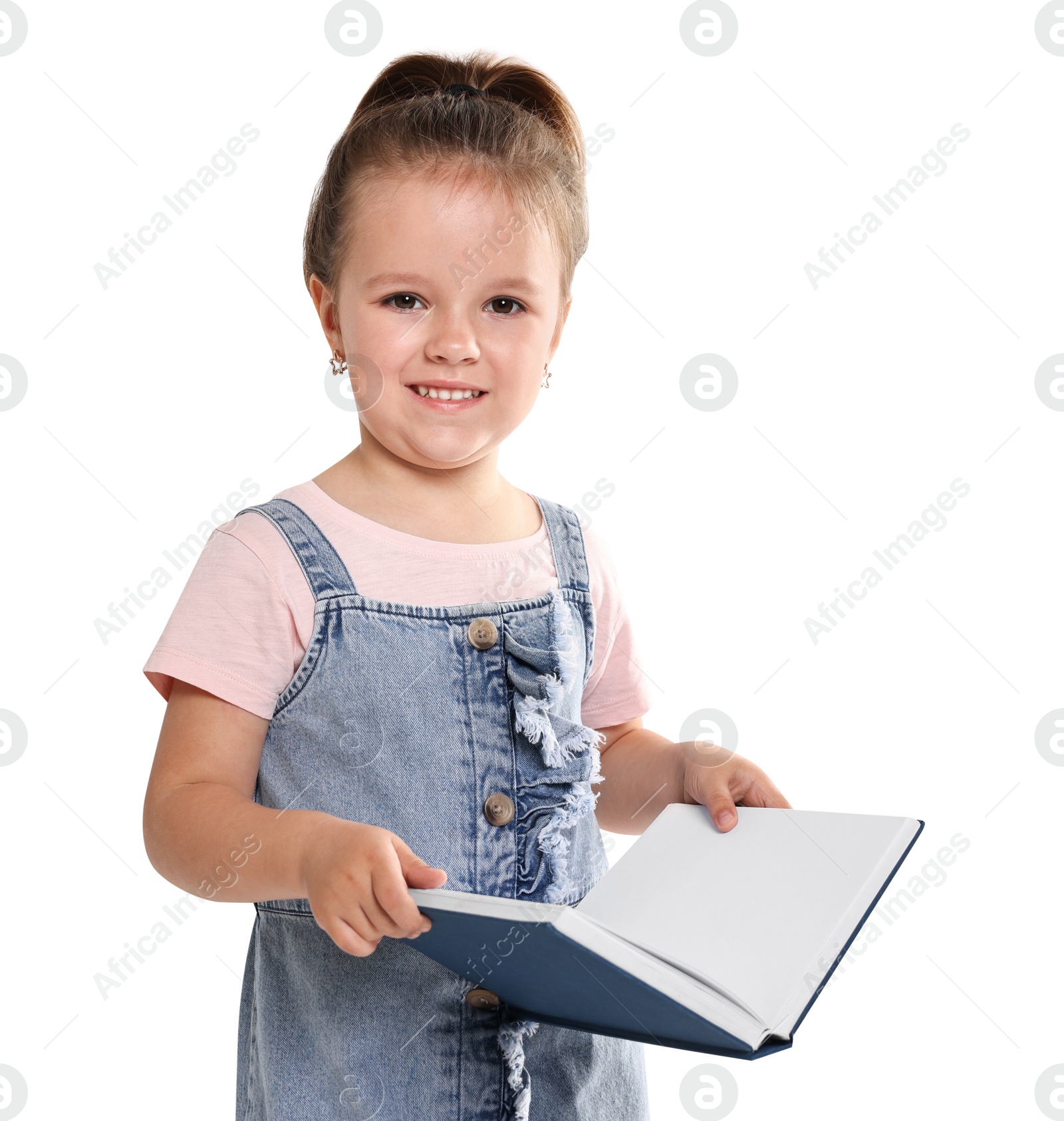 Photo of Cute little girl with book on white background