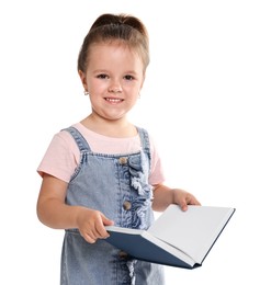 Cute little girl with book on white background