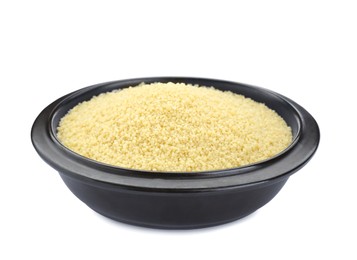Bowl of raw couscous isolated on white