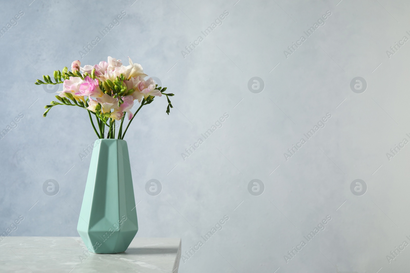 Photo of Beautiful blooming freesias in vase on table against blue background. Space for text