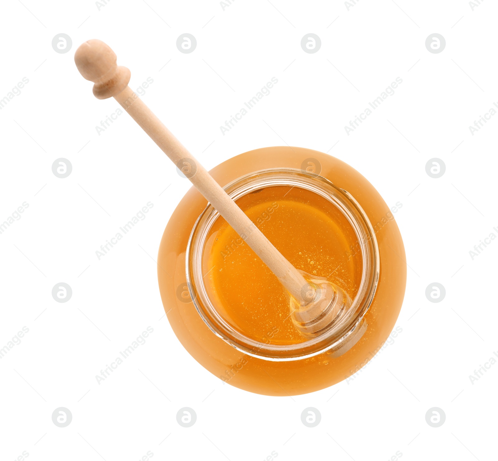 Photo of Jar of organic honey and dipper isolated on white, top view