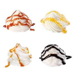 Image of Set of delicious fresh whipped cream with syrups on white background