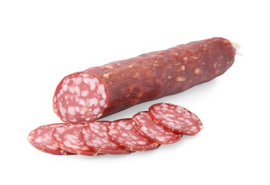 Photo of Delicious cut smoked sausage on white background