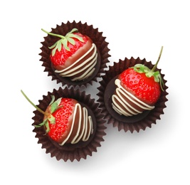 Delicious chocolate covered strawberries on white background, top view