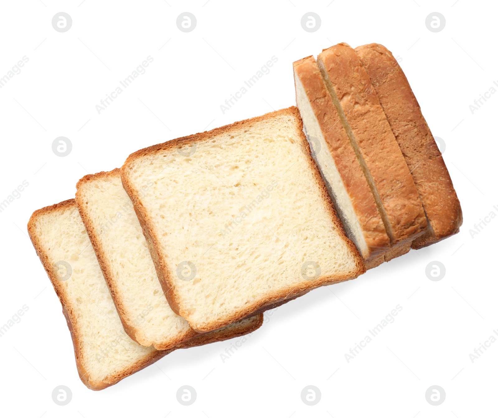 Photo of Pieces of fresh toast bread isolated on white, top view