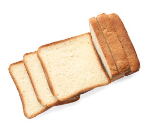 Photo of Pieces of fresh toast bread isolated on white, top view