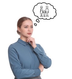Image of Businesswoman dreaming about family on white background. Concept of balance between life and work