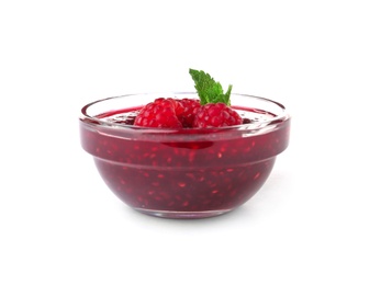 Photo of Bowl with delicious raspberry jam on white background