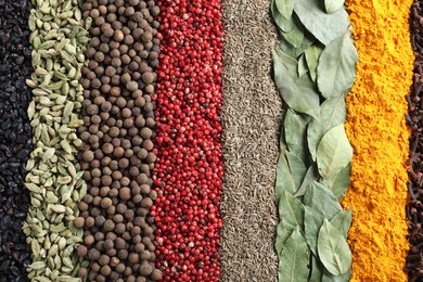 Set of different spices as background, top view