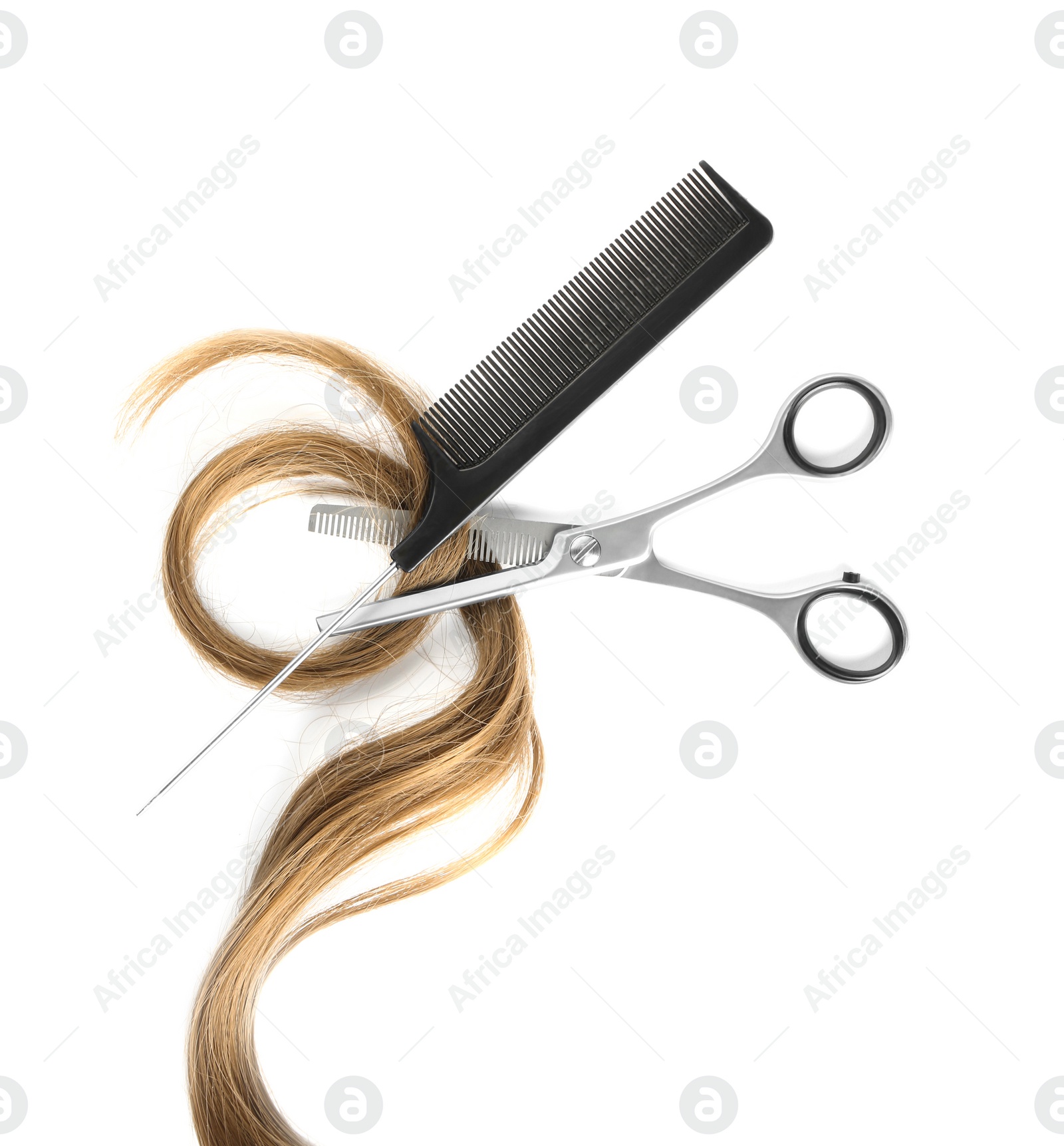 Photo of Strand of light brown hair, comb and thinning scissors on white background, top view. Hairdresser service