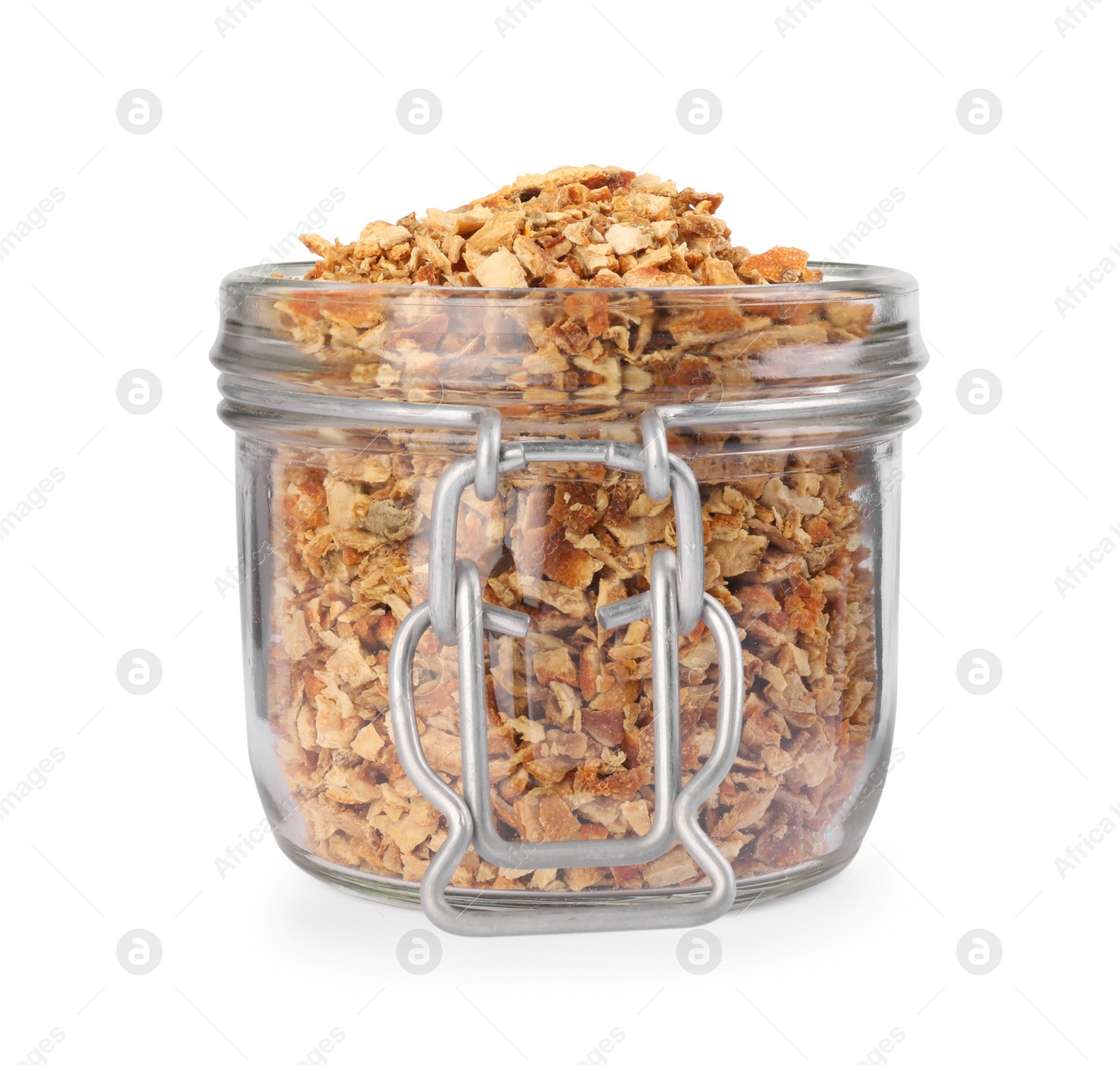 Photo of Dried orange zest seasoning in jar isolated on white