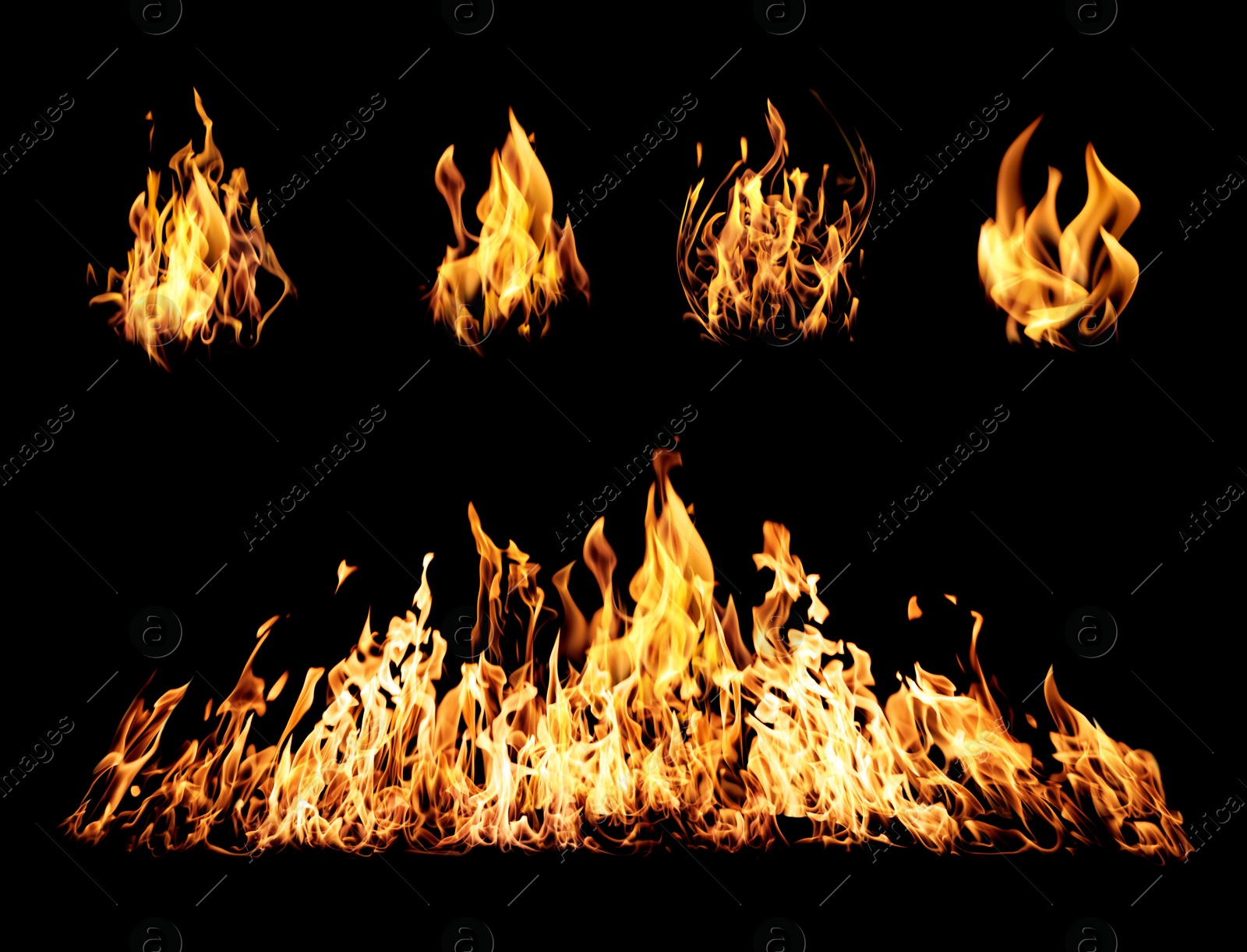 Image of Collection of bright fire flames on black background