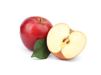 Ripe juicy red apples with leaf on white background