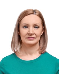 Image of Passport photo. Portrait of mature woman on white background