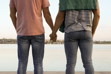 Photo of Gay couple holding hands together near river on sunny day, back view