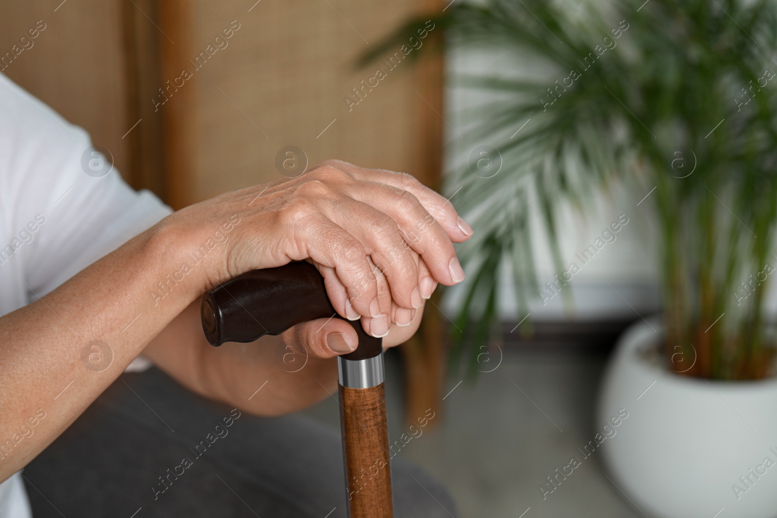 Photo of Elderly woman with walking cane indoors, closeup. Home care service