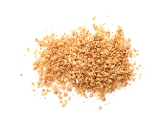 Buckwheat flakes on white background. Healthy grains and cereals