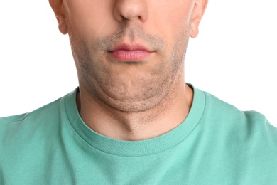 Young man with double chin on white background, closeup