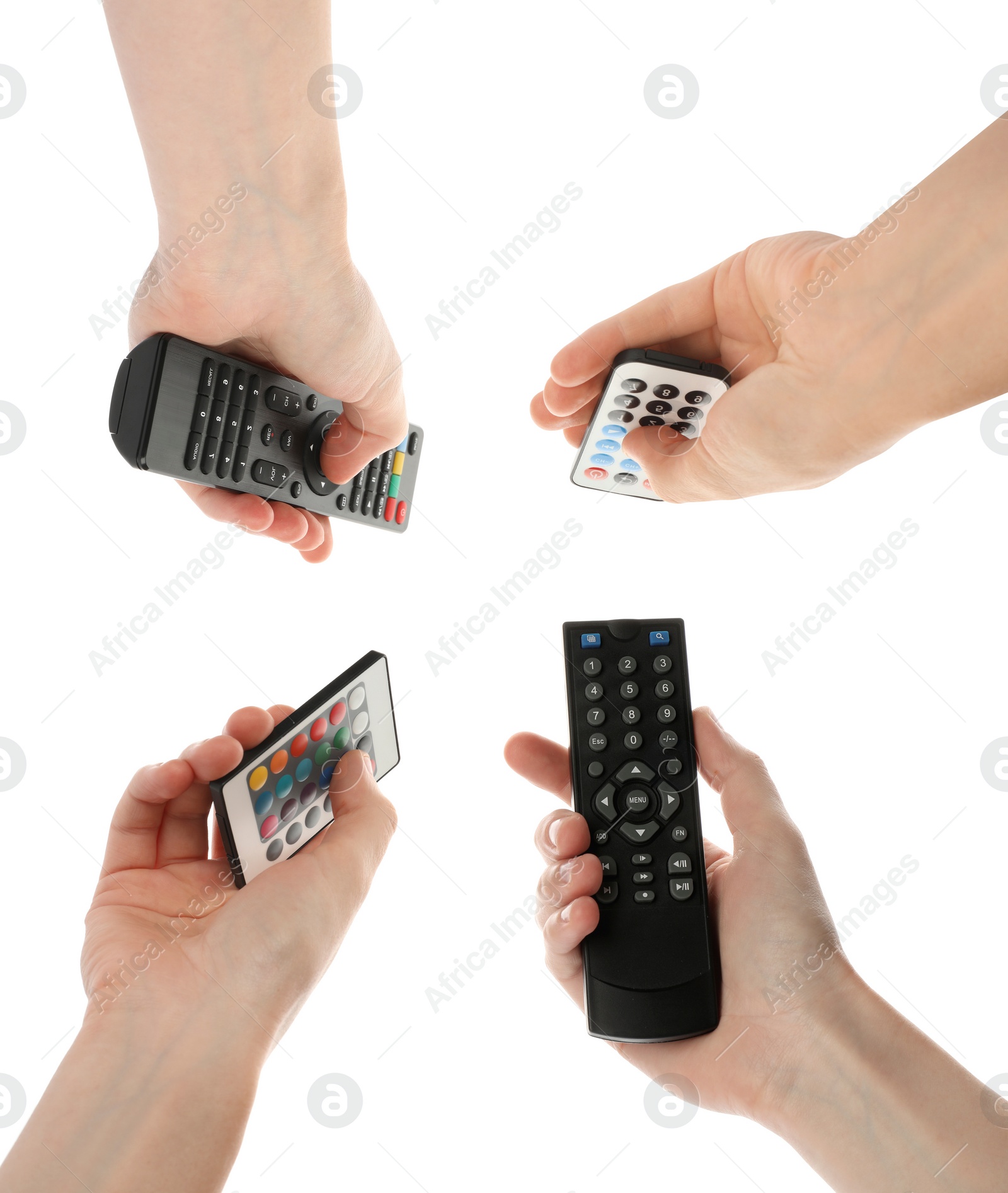 Image of People holding different remote controllers on white background, closeup. Collage design