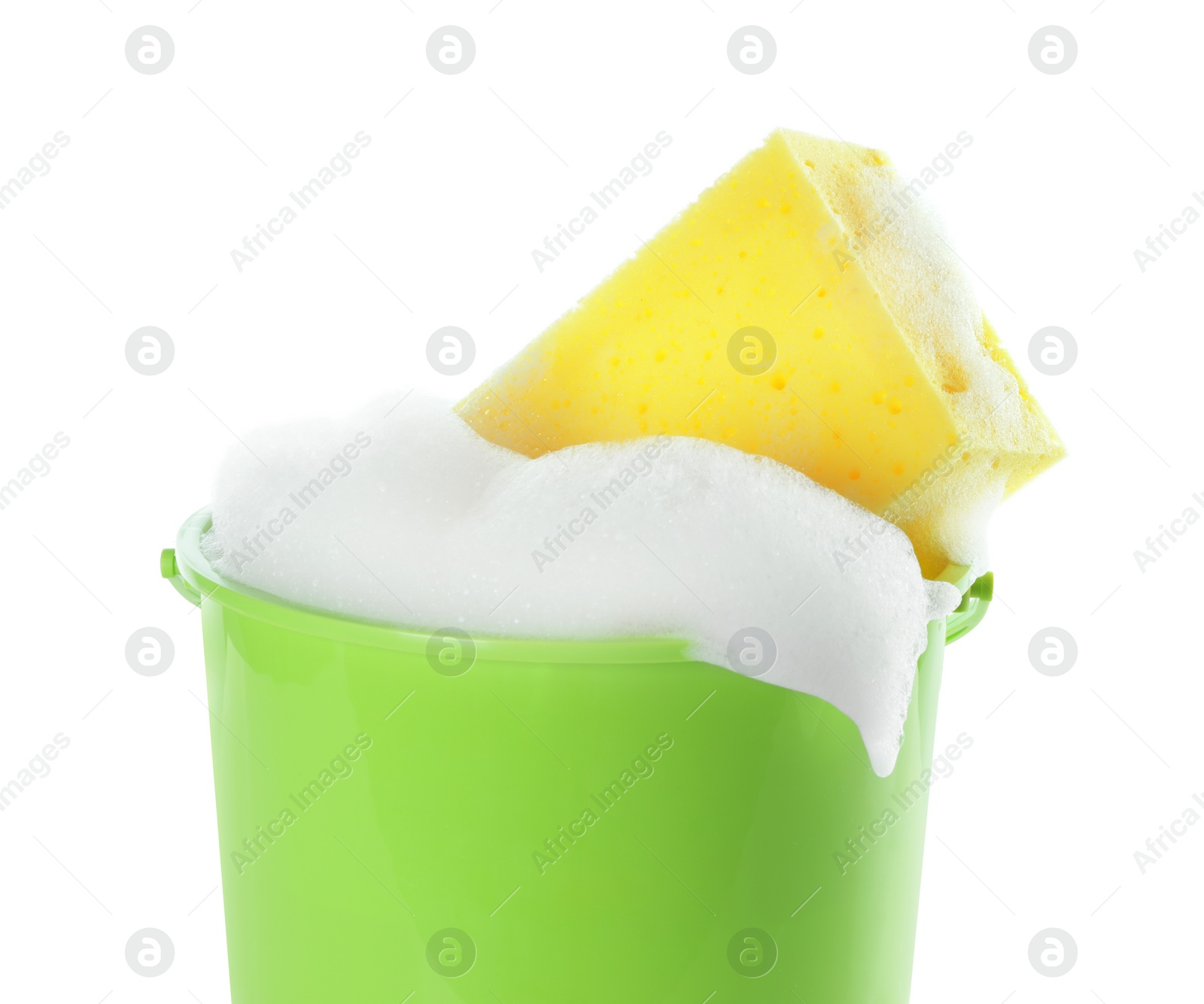 Photo of Plastic bucket with foam and sponge isolated on white. Cleaning supplies