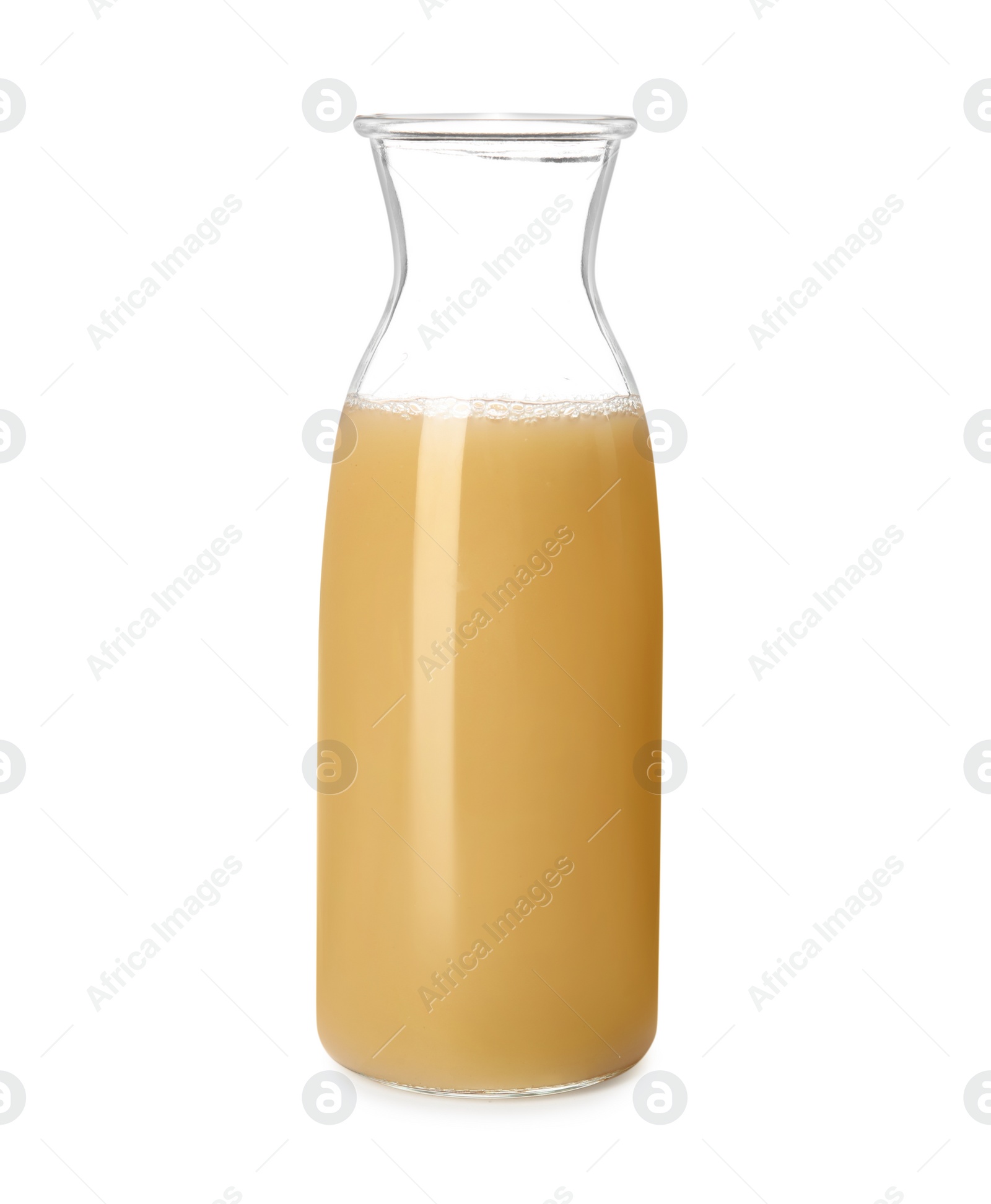 Photo of Tasty pear juice in glass bottle isolated on white