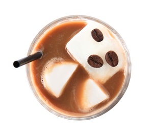 Photo of Coffee cocktail with milk ice cubes on white background, top view