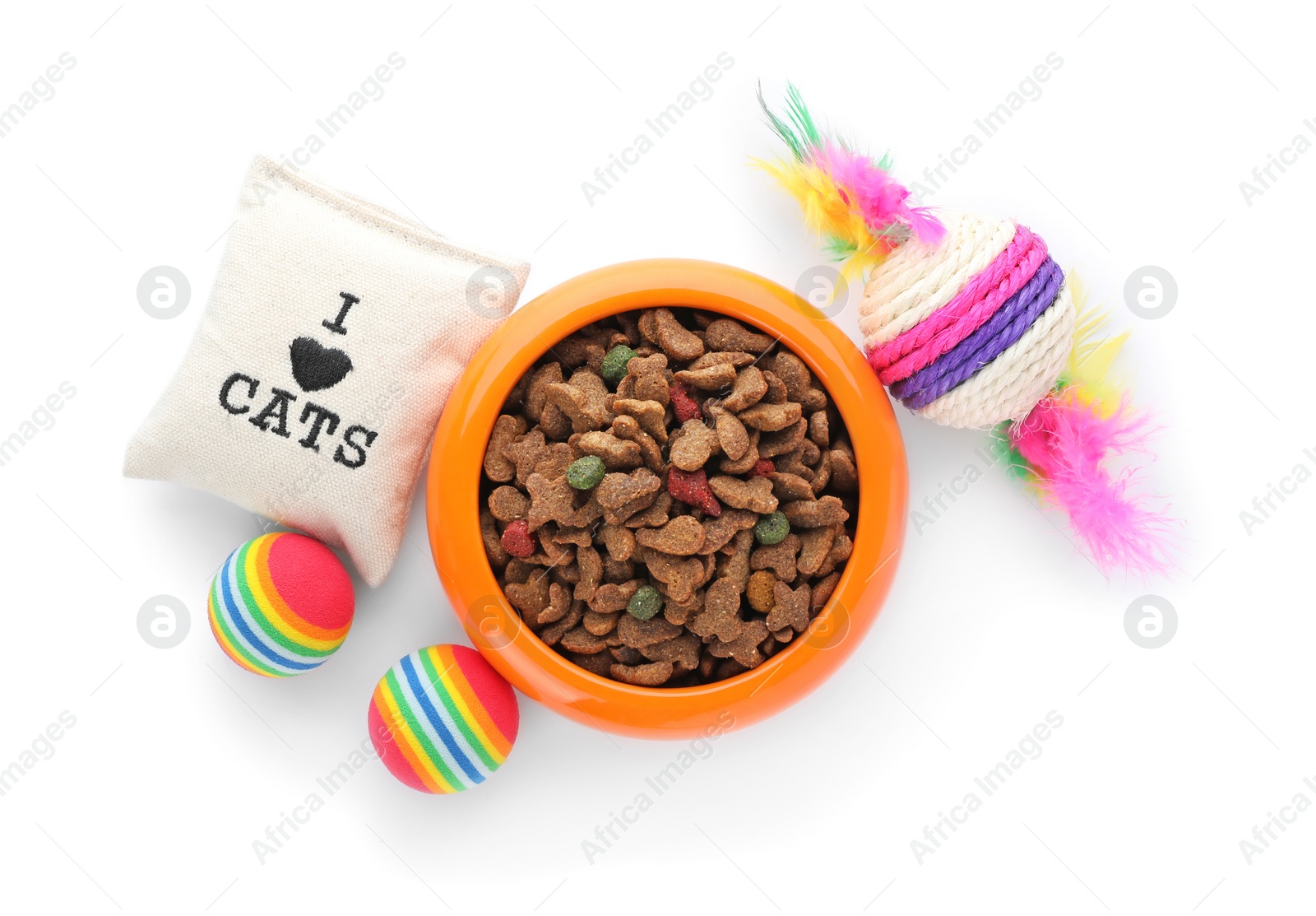Photo of Accessories and food for cat on white background. Pet care