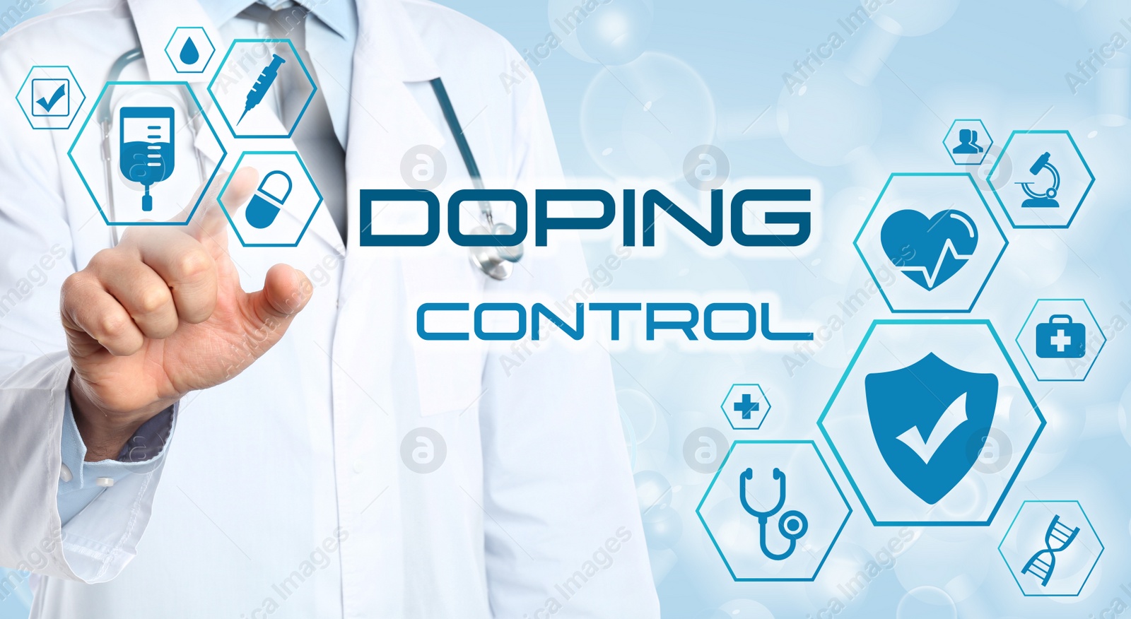 Image of Doping control. Doctor pointing at virtual chart with icons on light background, closeup