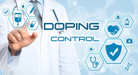 Doping control. Doctor pointing at virtual chart with icons on light background, closeup