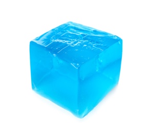 Delicious blue jelly cube on white background