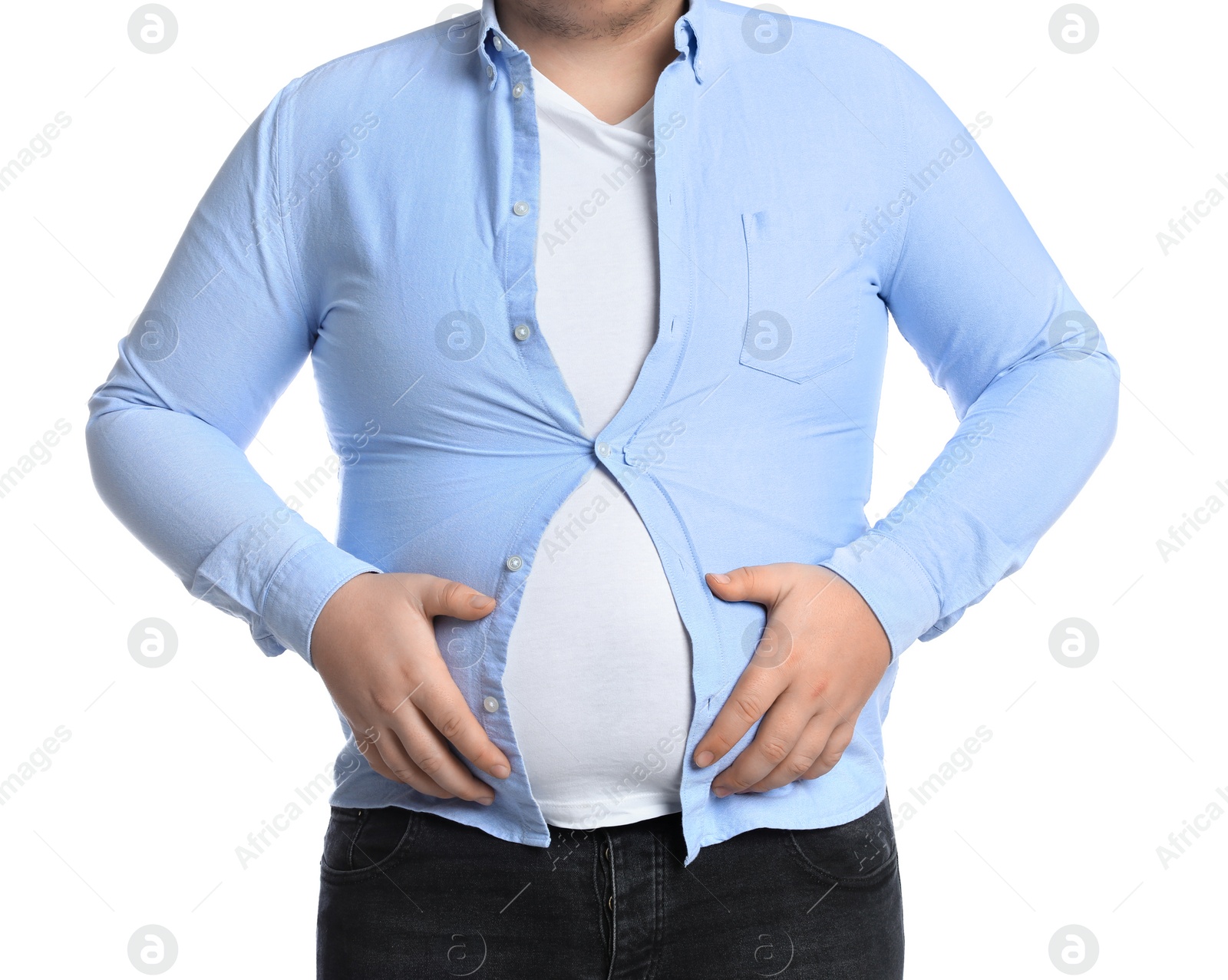 Photo of Overweight man in tight clothes on white background, closeup