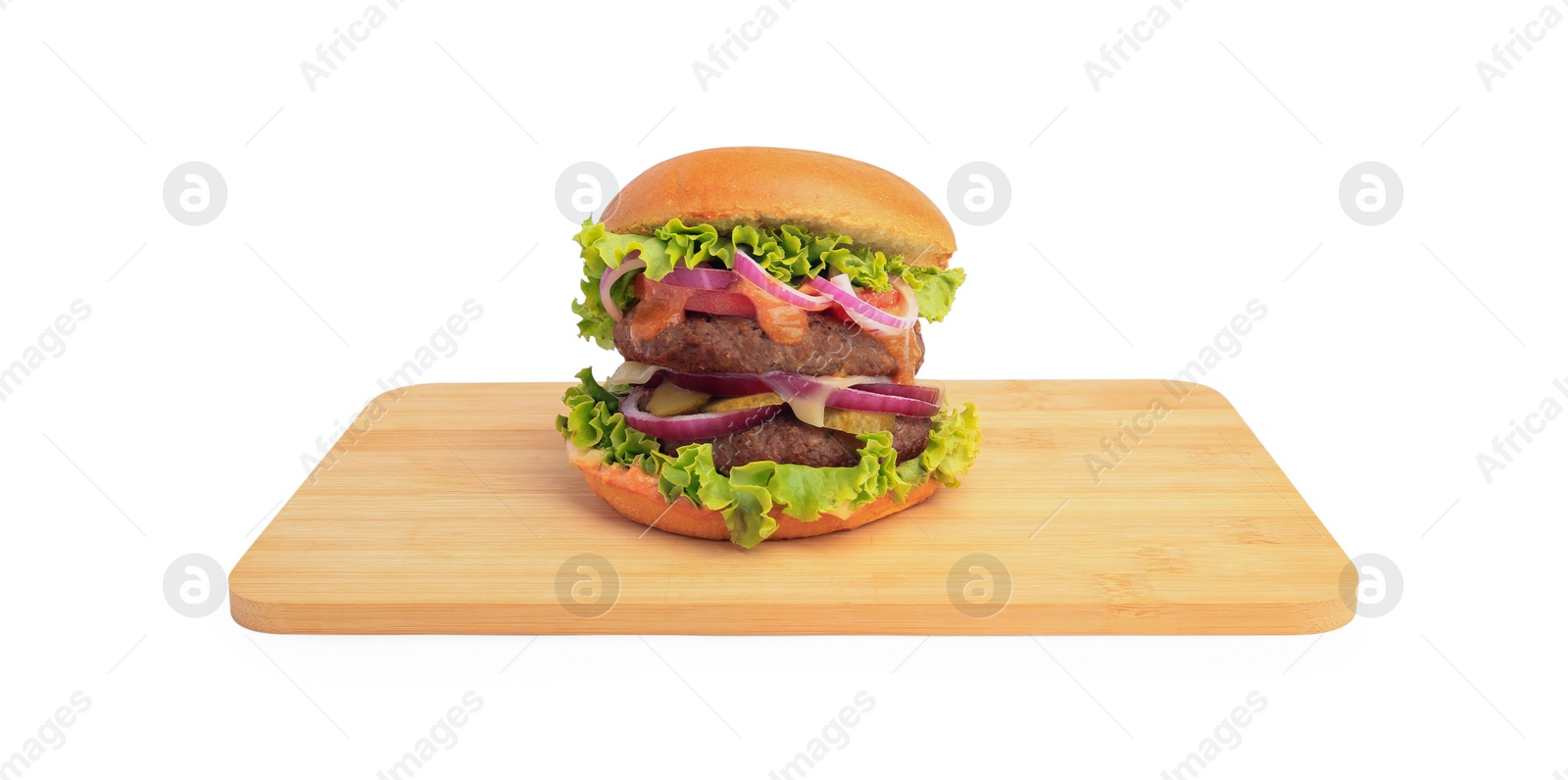 Photo of Board with one tasty burger isolated on white