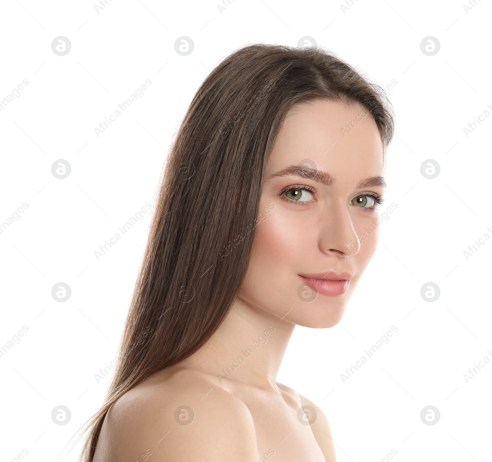 Photo of Portrait of young woman with beautiful face on white background