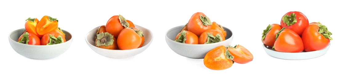 Set of delicious fresh ripe persimmons on white background. Banner design