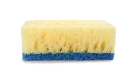 Photo of Yellow cleaning sponge with abrasive light blue scourer isolated on white